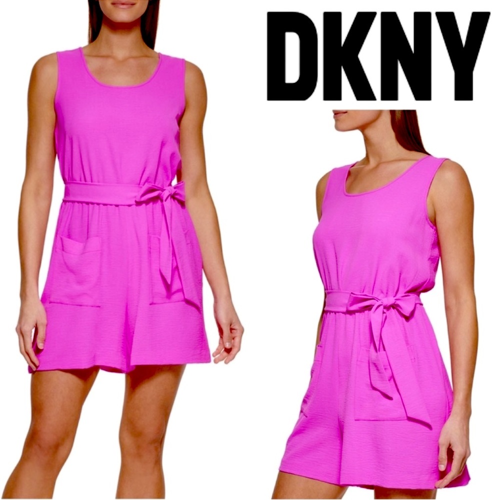 NWT - DKNY Hot Pink Fuchsia Sleeveless Romper Tie Waist Valentine’s Date…